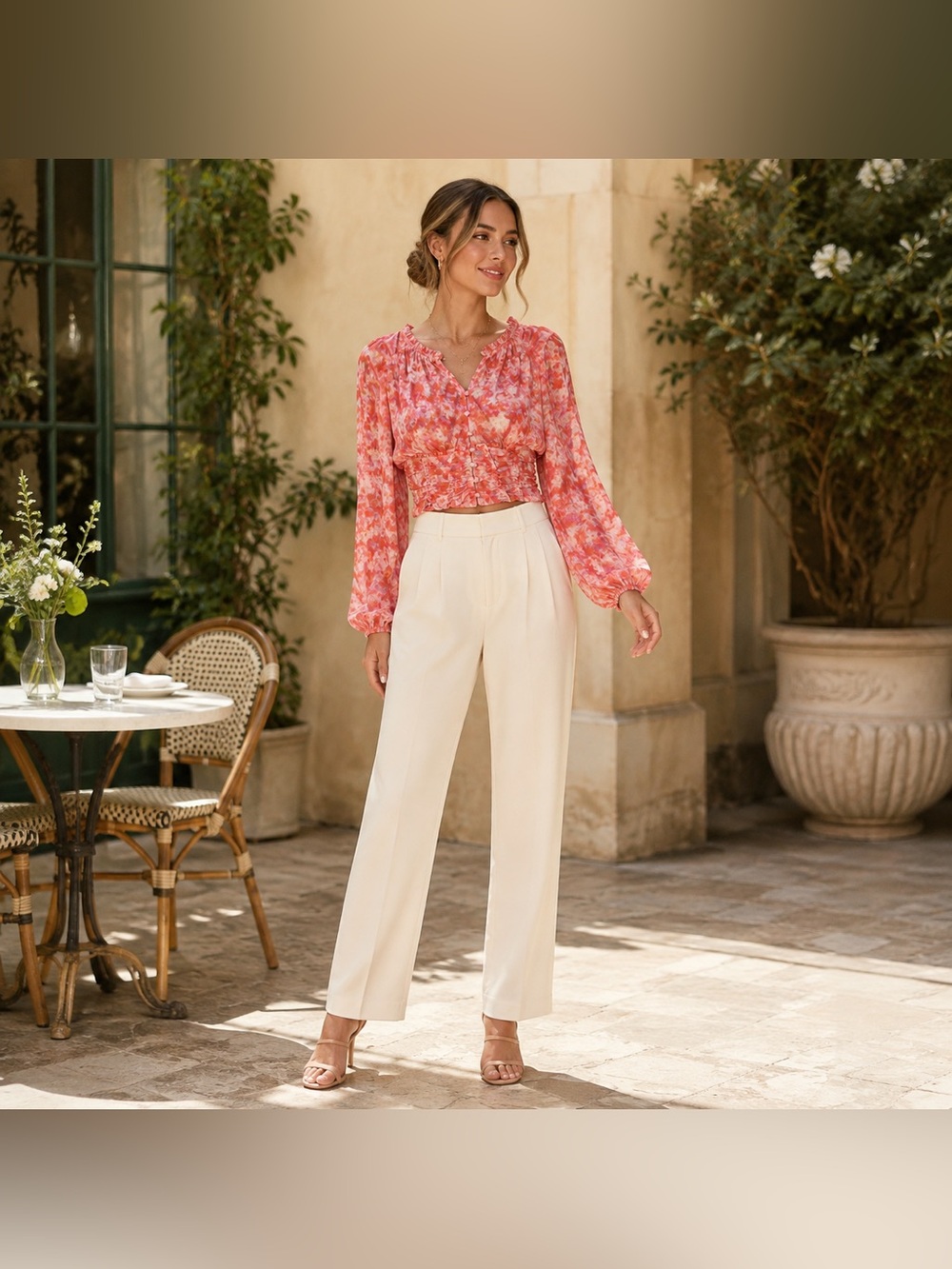 By Anthropologie Femme Floral Ruched Cropped Blouse Pink Orange Small